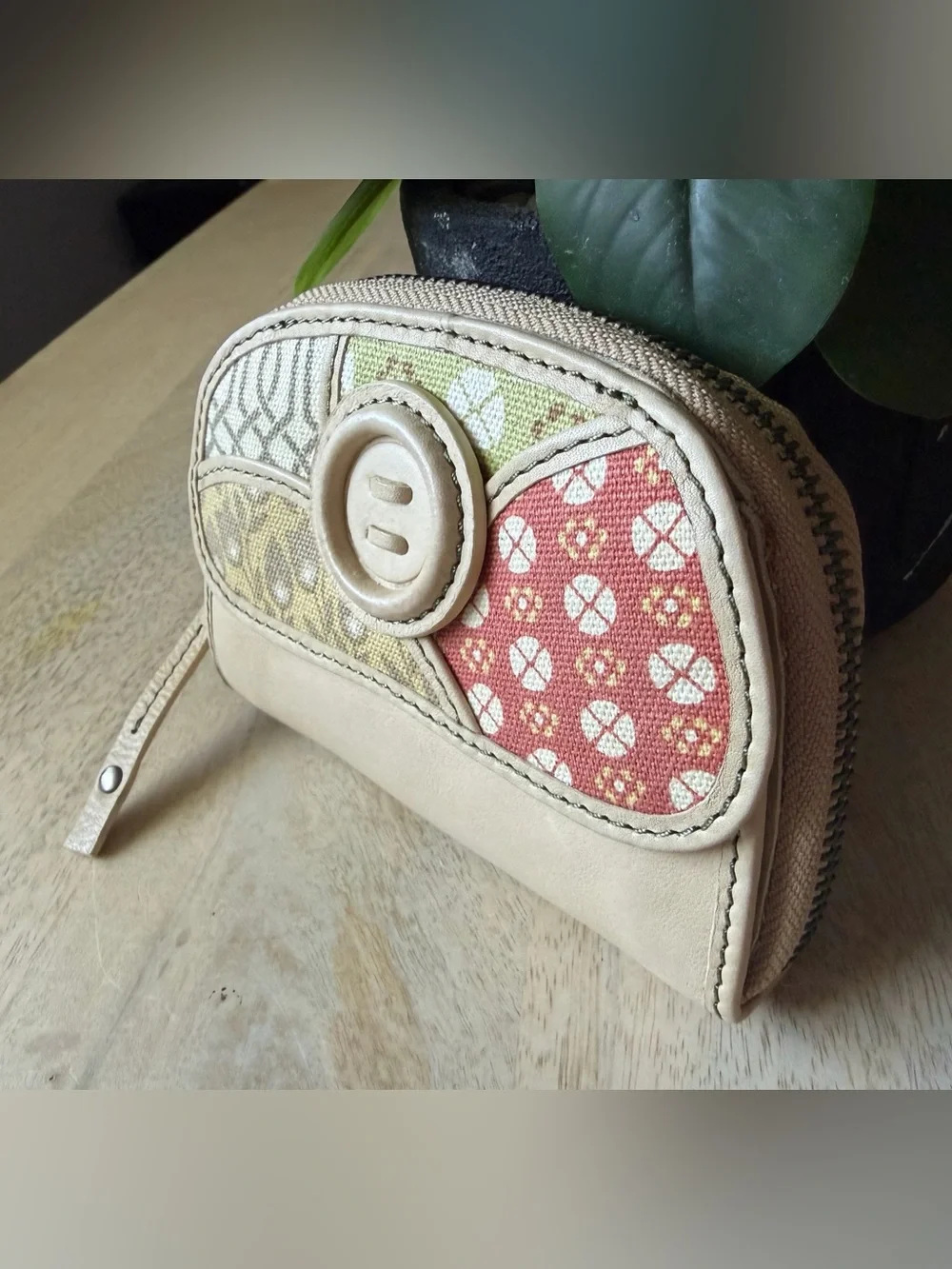 Fossil brand light Beige Patchwork Leather zip around Wallet with Button detail